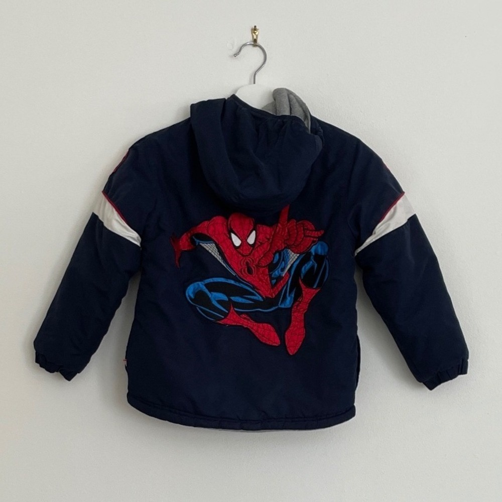 Marvel Spiderman Reversible‎ Hooded Jacket Navy Blue Grey Fleece Kids Coat